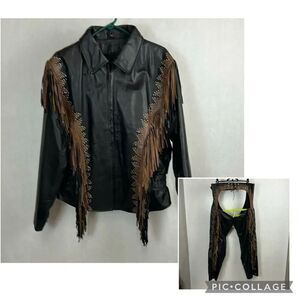 Vtg Studded Leather Fringe Jacket & Chaps Sz XL 80s 90s USA Bikers Black Brown